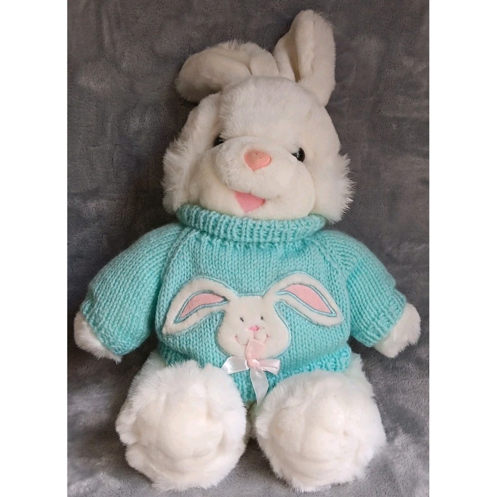 Vtg Main Joy White Bunny Rabbit Stuffed Animal Plush Blue Sweater 20" Easter